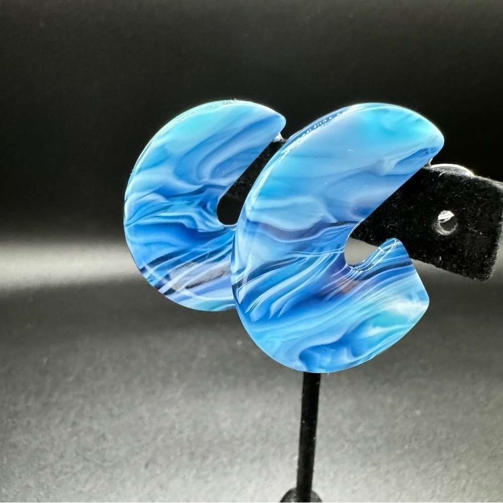 Blue Marble Acrylic Hoop Earrings - Pierced